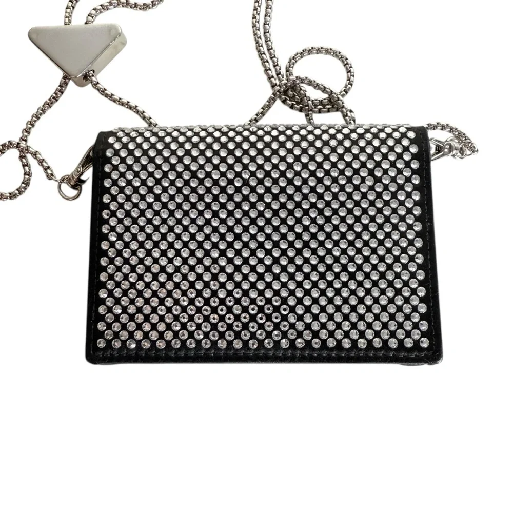 Prada Crystal Embellished Black Satin Chain Wallet Crossbody Clutch